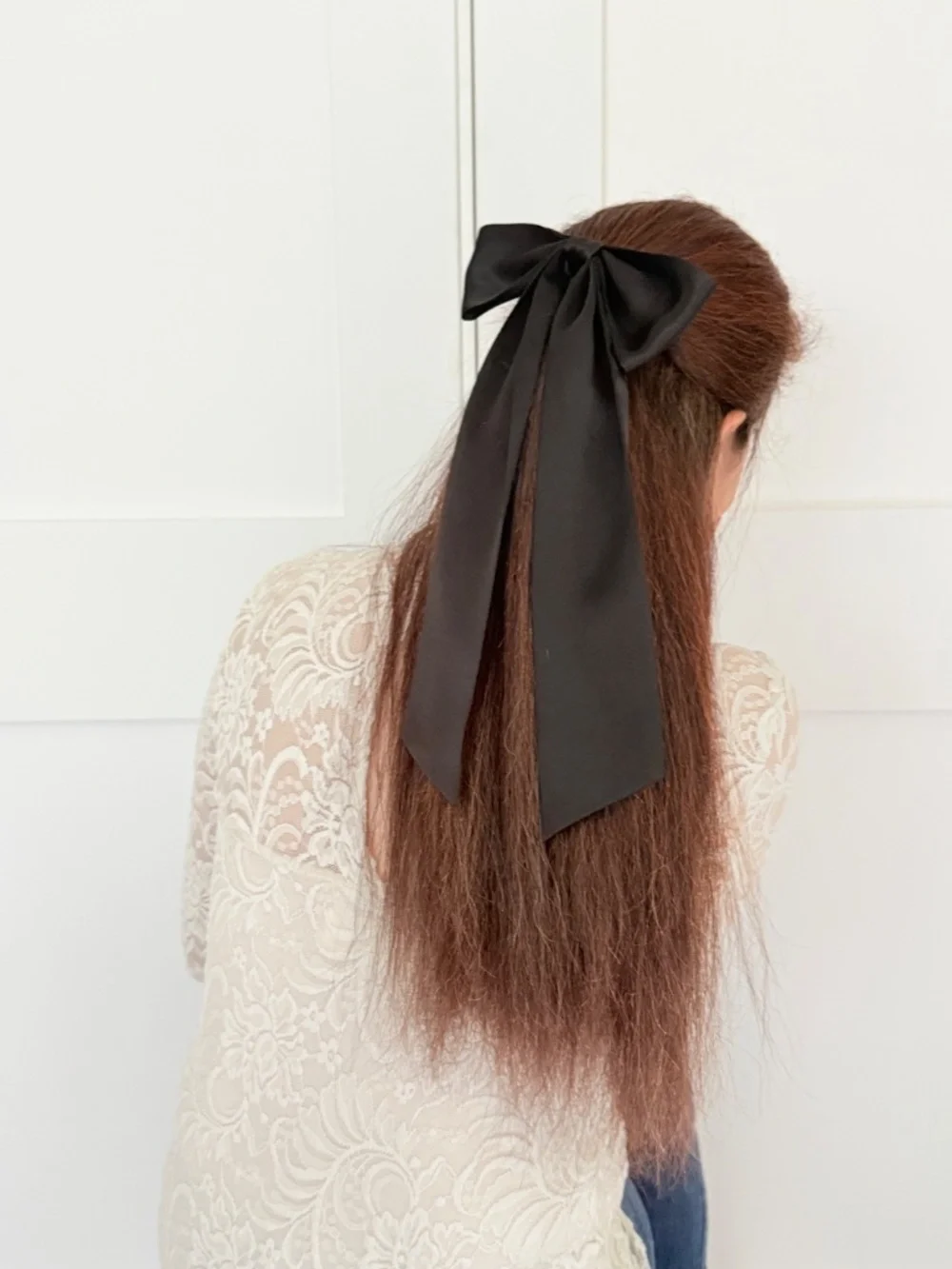 Black Mulberry Silk Hair Bow Long Tail, Handmade Hair Clip